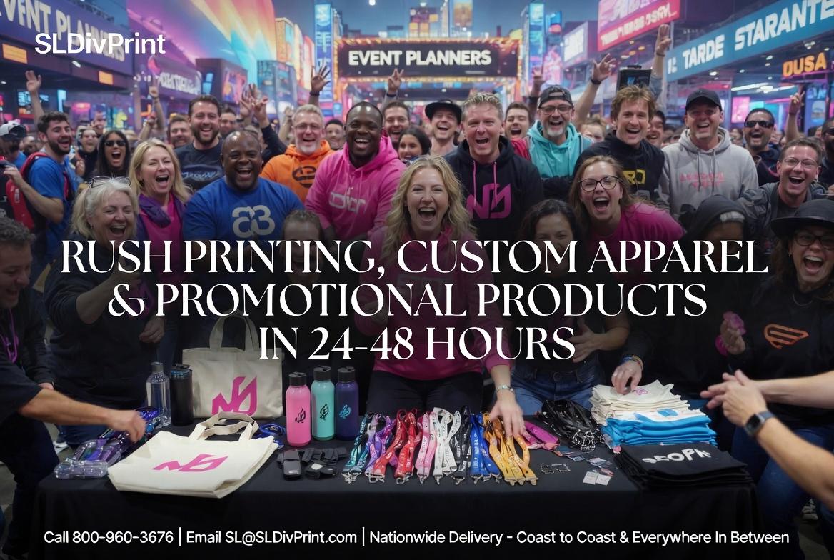 rush printing custom apparel promotional products nationwide 24 48 hour delivery hero rush orders custom promotional products event printing services branded swag trade show printing order fulfillment services warehousing services custom printing California branded merchandise eco friendly rush printing