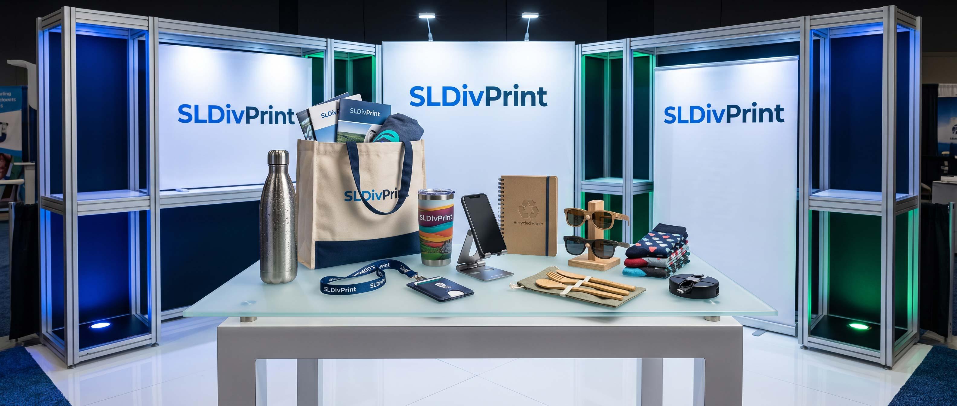SLDivPrint trade show booth with a glass table displaying a branded tote bag reusable bottle colorful tumbler phone stand notebook sunglasses and assorted merch high end SLDivPrint trade show booth with all best trade show promotional products 2026 trade show giveaways 2026 promotional products for trade shows best trade show swag trade show booth promotional products top trade show giveaways effective trade show promotional products rush promotional products for trade shows sustainable trade show promotional products trade show swag ideas 2026 best promotional giveaways for trade shows best promo giveaways