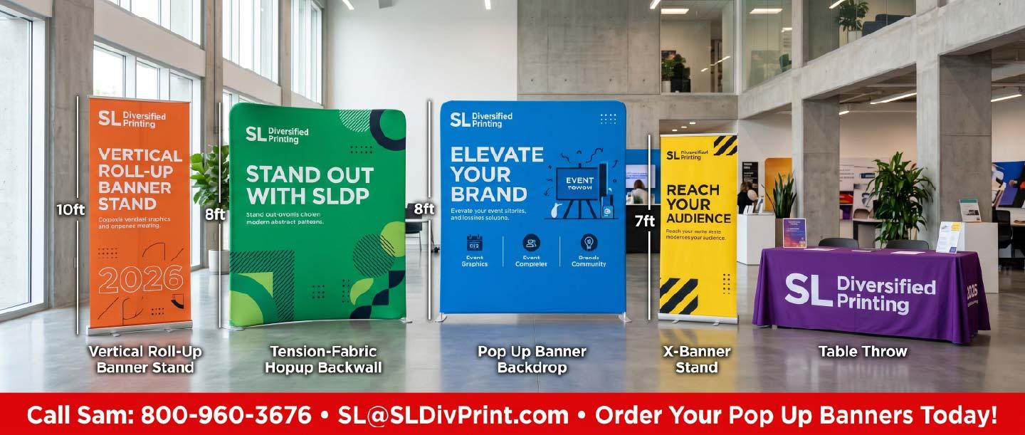 SLDivPrint showroom lineup of pop up banners roll up banner stands and fabric hopup displays trade show banners retractable banner stands banner design best practices custom retractable banners 2026 trade show trends roll up banner design portable trade show displays retractable banner printing event banner design pop up banners