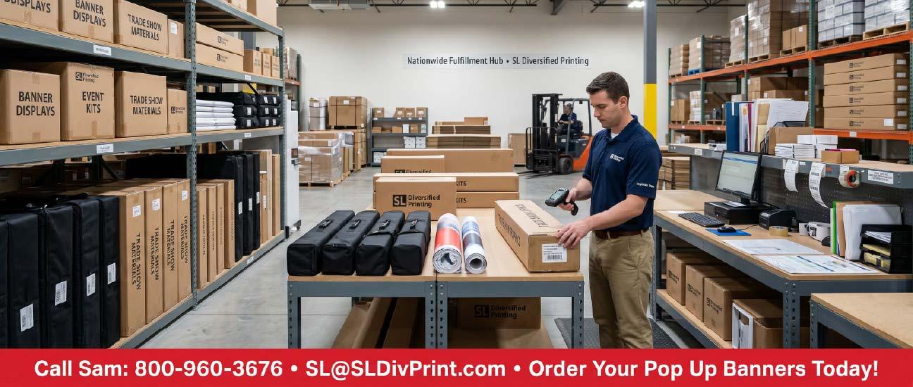 SLDivPrint warehouse fulfillment hub with kitted portable trade show displays for nationwide shipping trade show banners retractable banner stands banner design best practices custom retractable banners 2026 trade show trends roll up banner design portable trade show displays retractable banner printing event banner design pop up banners