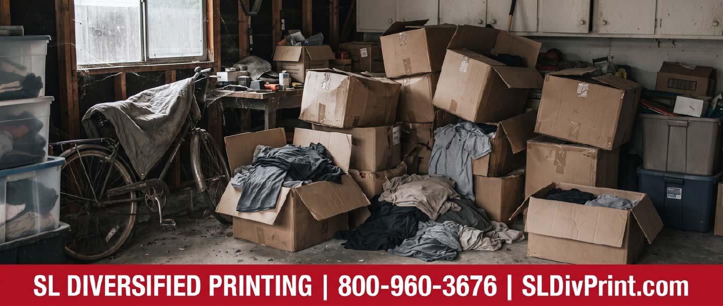 Mismatched cardboard boxes of apparel stacked unevenly in a cluttered home garage corner employee swag fulfillment remote team merch branded merchandise fulfillment merch warehousing company store kitting Arizona distribution hub onboarding kit shipping international merch delivery promotional product storage
