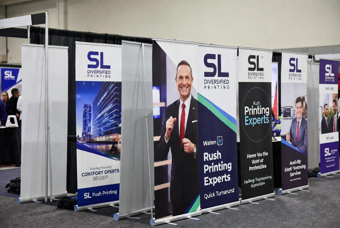 Setup of retractable banners at events showcasing SLDivPrint Rush Printing Expertise
