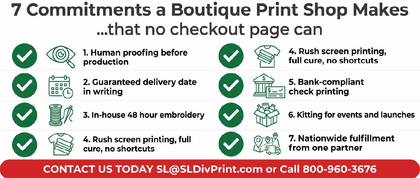 Checklist infographic listing seven boutique print shop advantages including 48 hour embroidery, human proofing support, and nationwide fulfillment. rush printing service, same day order turnaround, boutique print shop, 48 hour embroidery, trade show banner deadline, custom check vendor, human proofing support, guaranteed delivery date, Scottsdale promotional products, nationwide fulfillment partner, screen printed apparel