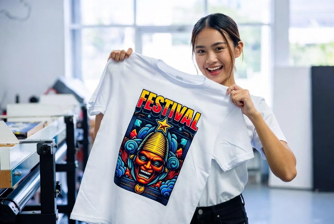 Showcasing Custom Tees Fast Rush Near Me | SL Diversified Printing Woman holding custom t shirt near me vibrant design rush SLDivPrintW