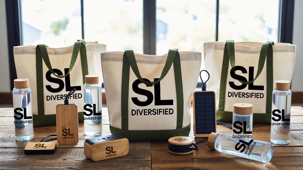 Eco-friendly 2026 merch trends assortment with SL Diversified logo on totes and bottles. 2026 merch trends, merch trends 2026, merch trends, trade show giveaways, trade show swag, top trade show booth giveaways, trade show merch that lands deals, Diversified Printing Services, rush order promo products, custom rush order products, trade show trends 2026, promotional products 2026, sustainable merch, tech-infused swag, personalized promo items, boutique printing firm, rush printing services, custom apparel trends, eco-friendly giveaways