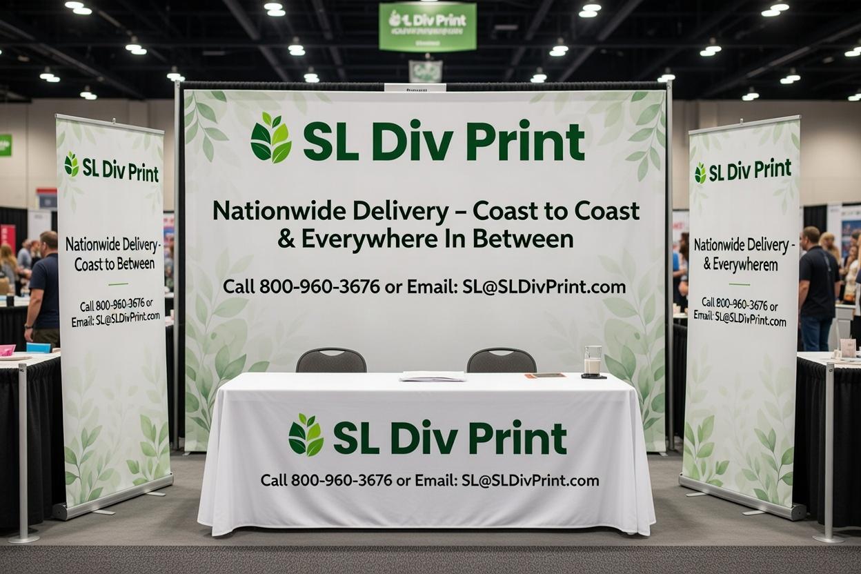 sustainable eco friendly trade show backdrop with recycled materials step and repeat banner 2026 merch trends trade show giveaways trade show displays top trade show booth giveaways trade show merch that lands deals Diversified Printing Services rush order promo products custom rush order products trade show trends 2026