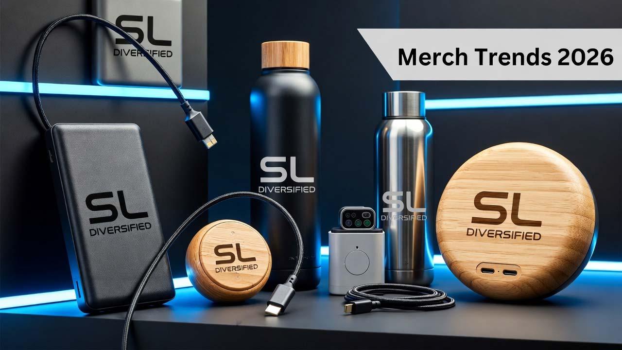 Tech-infused 2026 merch display with SL Diversified engraved power banks and speakers. 2026 merch trends, merch trends 2026, merch trends, trade show giveaways, trade show swag, top trade show booth giveaways, trade show merch that lands deals, Diversified Printing Services, rush order promo products, custom rush order products, trade show trends 2026, promotional products 2026, sustainable merch, tech-infused swag, personalized promo items, boutique printing firm, rush printing services, custom apparel trends, eco-friendly giveaways,