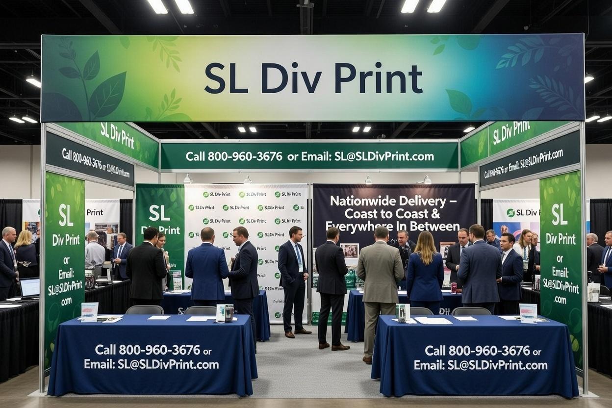 SL Div Print custom trade show backdrop in busy 2026 trade show booth with step and repeat banner and nationwide delivery signage Trade Show backdrop 10x20 Portable trade show displays Curved trade show backdrop Light up trade show backdrop Trade show backdrop 8x10 step and repeat banner 2026 merch trends trade show giveaways trade show displays top trade show booth giveaways trade show merch that lands deals Diversified Printing Services rush order promo products custom rush order products trade show trends 2026
