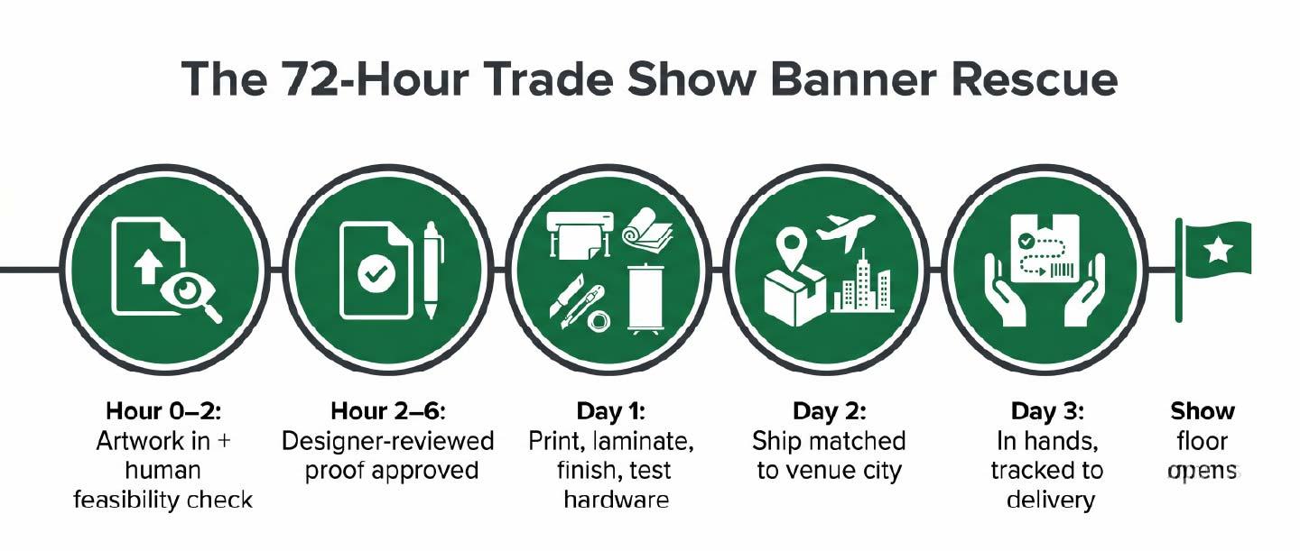 Horizontal timeline infographic showing a 72-hour trade show banner deadline rescue from artwork approval to guaranteed delivery date. rush printing service, same day order turnaround, boutique print shop, 48 hour embroidery, trade show banner deadline, custom check vendor, human proofing support, guaranteed delivery date, Scottsdale promotional products, nationwide fulfillment partner, screen printed apparel