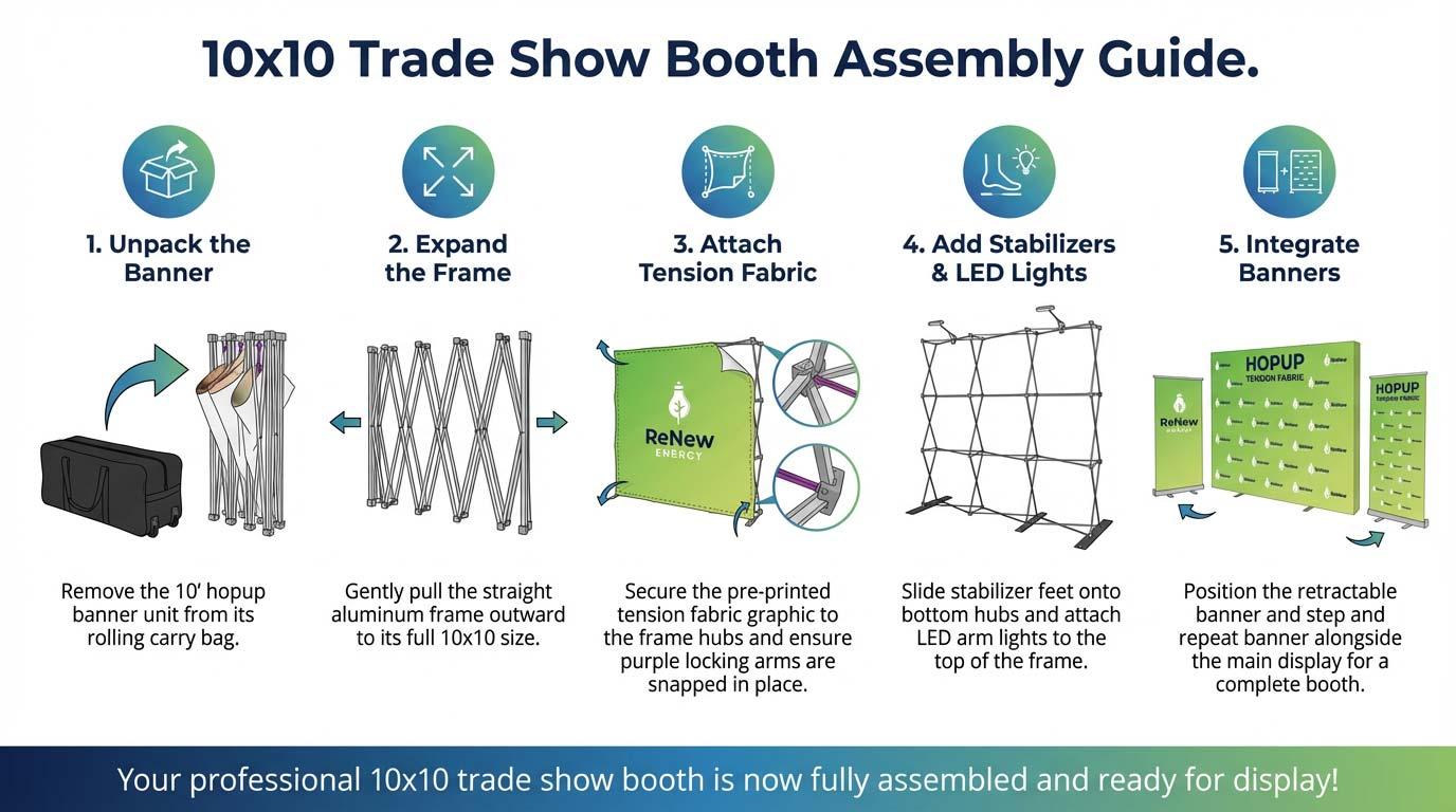 Step-by-step setup for 10 x 10 trade show displays with retractable banner. 10 hopup banner, diversified printing services 10 x 10 trade show displays, Custom Trade Show Booth, booth displays for trade shows