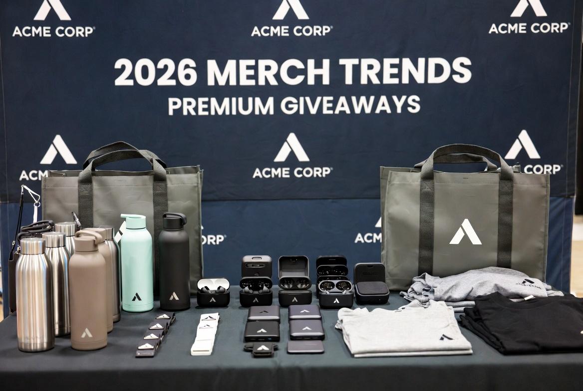 trade show booth giveaways displayed with custom backdrop 2026 merch trends step and repeat banner 2026 merch trends trade show giveaways trade show displays top trade show booth giveaways trade show merch that lands deals Diversified Printing Services rush order promo products custom rush order products trade show trends 2026