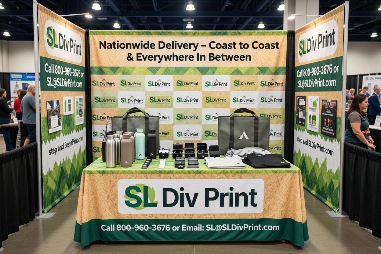 SL Div Print custom trade show giveaways with step and repeat backdrop and nationwide delivery signage at 2026 trade show step and repeat banner 2026 merch trends trade show giveaways trade show displays top trade show booth giveaways trade show merch that lands deals Diversified Printing Services rush order promo products custom rush order products trade show trends 2026