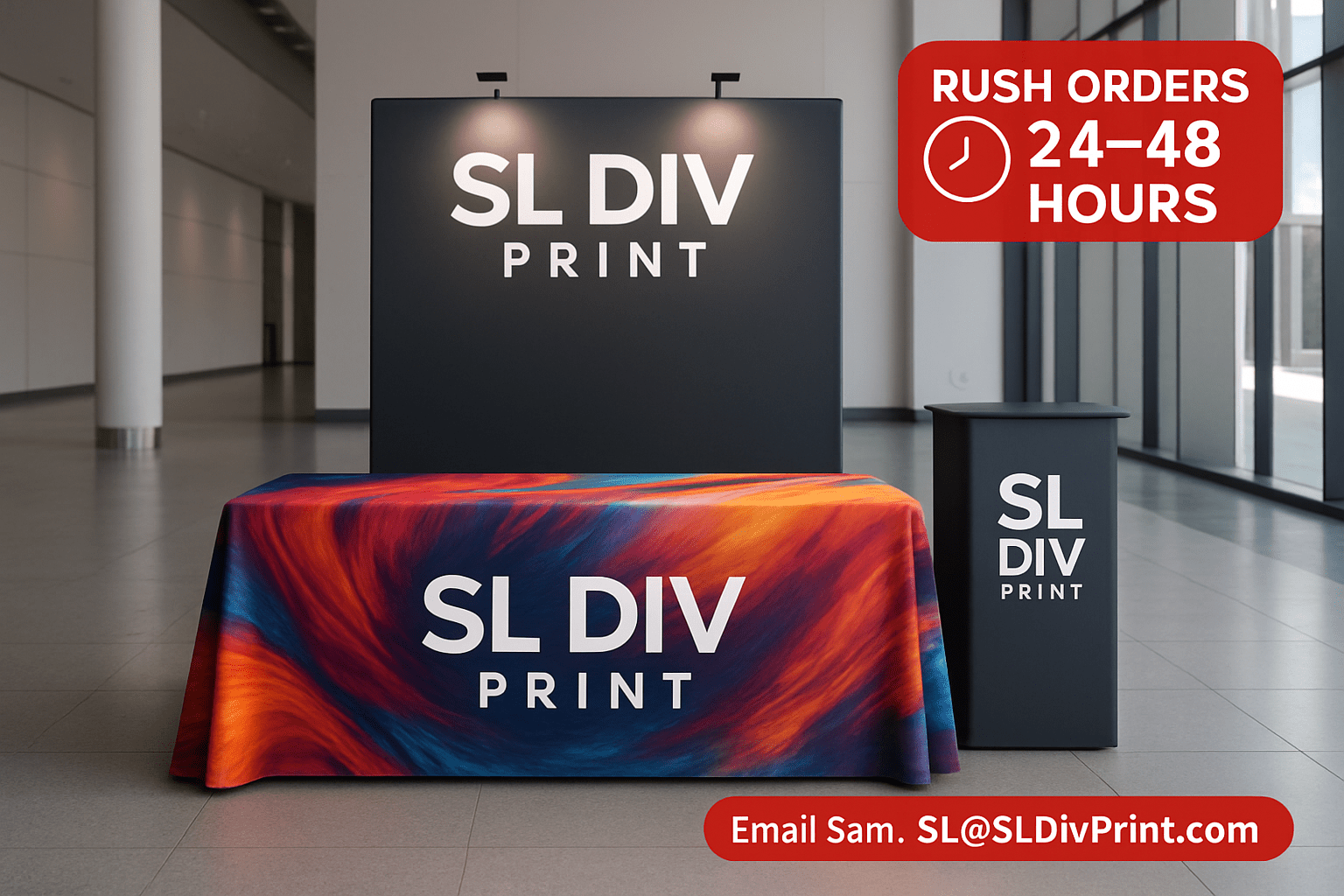 Custom table cloth and banner in trade show setup with rush orders overlay for event branding trade show displays custom table cloth with logo custom table cloths customized table cloth with logo custom printed table cloth 6ft tablecloth with logo rush order custom table cloth Diversified Printing Services portable trade show displays banner stand