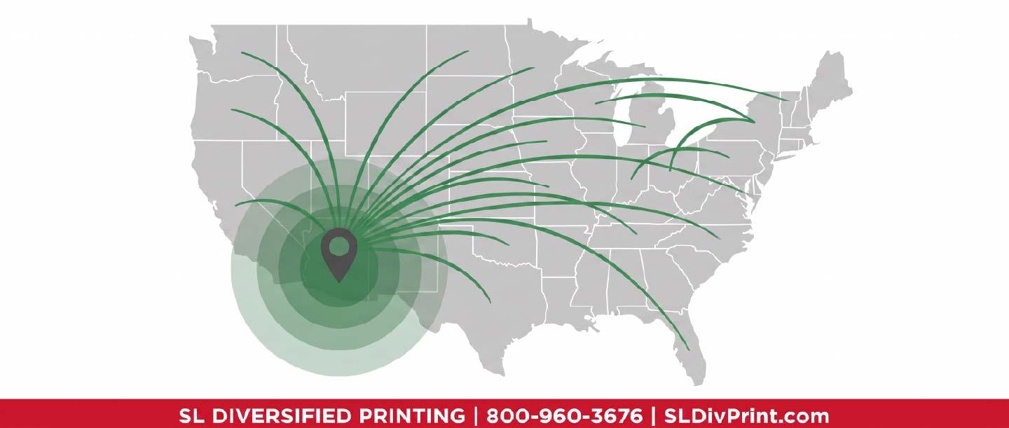Stylized United States map with concentric transit rings radiating outward from a marked point in Arizona employee swag fulfillment remote team merch branded merchandise fulfillment merch warehousing company store kitting Arizona distribution hub onboarding kit shipping international merch delivery promotional product storage