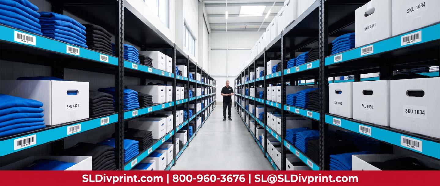 Warehouse aisle with labeled shelving holding folded branded apparel and boxed promotional products swag warehousing branded merchandise fulfillment trade show item storage marketing products warehousing centralized swag hub arizona merchandise warehouse on demand swag fulfillment tech company swag storage quality swag warehousing merchandise warehousing and fulfillment