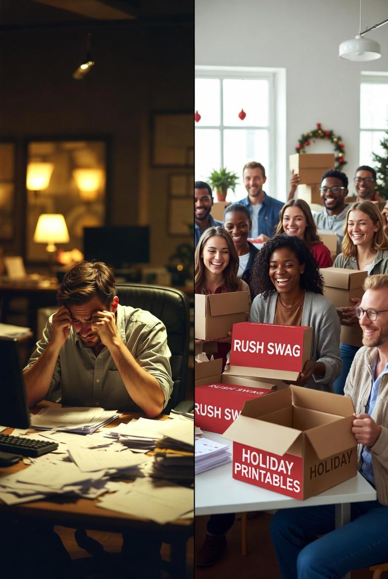 Split-screen before/after: stressed marketer panicking about holiday deadlines vs. smiling team happily unboxing premium rush swag boxes from SL Diversified Printing