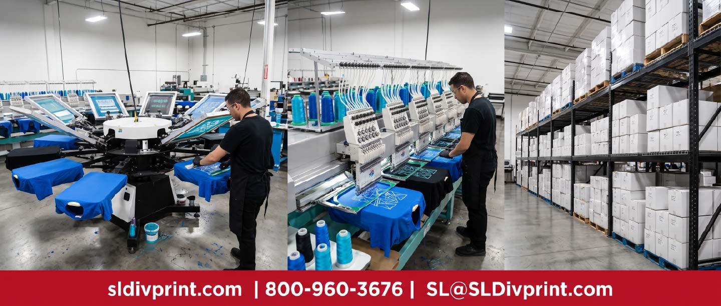 Screen printing press and embroidery machine operating beside warehouse storage racks in the same facility swag warehousing branded merchandise fulfillment trade show item storage marketing products warehousing centralized swag hub arizona merchandise warehouse on demand swag fulfillment tech company swag storage quality swag warehousing merchandise warehousing and fulfillment