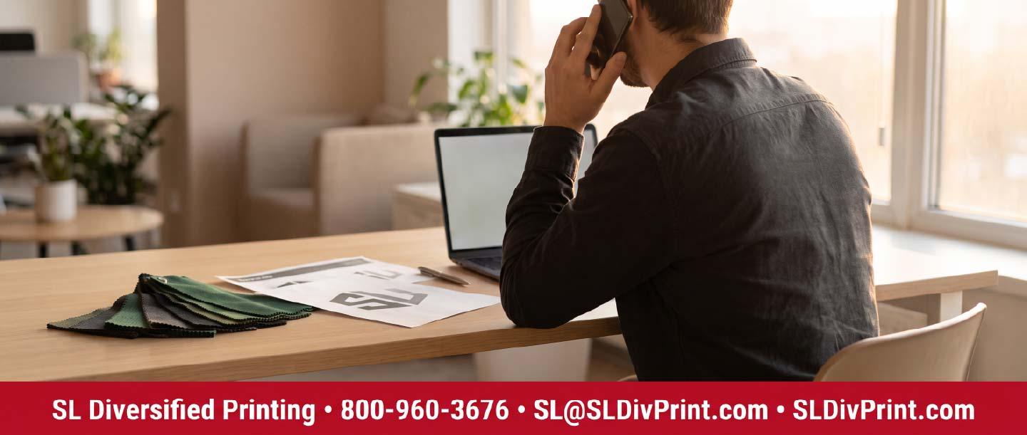 Account manager at a desk on a phone call reviewing fabric swatches and a proof sheet beside a laptop how to switch company store vendors custom merchandise program transition corporate apparel supplier change employee swag partner migration promotional products provider comparison branding concierge relationship stranded inventory sell through strategy no annual minimum spend requirement dedicated account management alternative nationwide kitting warehouse services phased rollout without downtime