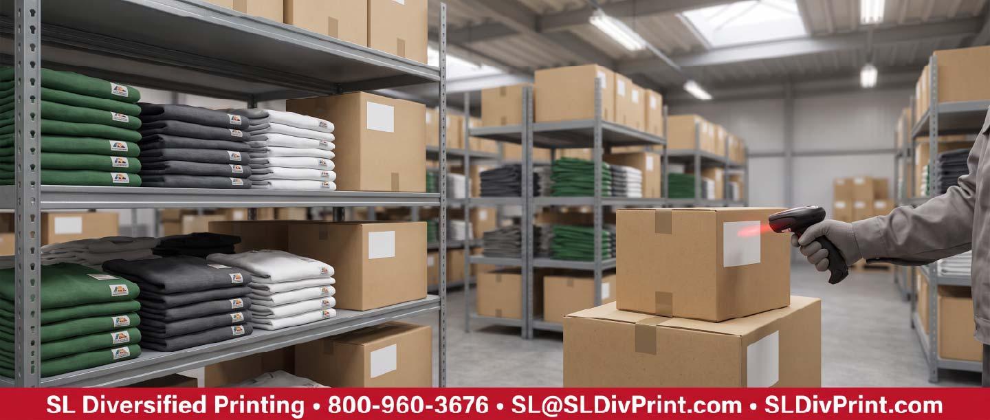 Neatly stacked folded branded apparel and labeled cartons on warehouse shelving with a hand scanning a carton label how to switch company store vendors custom merchandise program transition corporate apparel supplier change employee swag partner migration promotional products provider comparison branding concierge relationship stranded inventory sell through strategy no annual minimum spend requirement dedicated account management alternative nationwide kitting warehouse services phased rollout without downtime