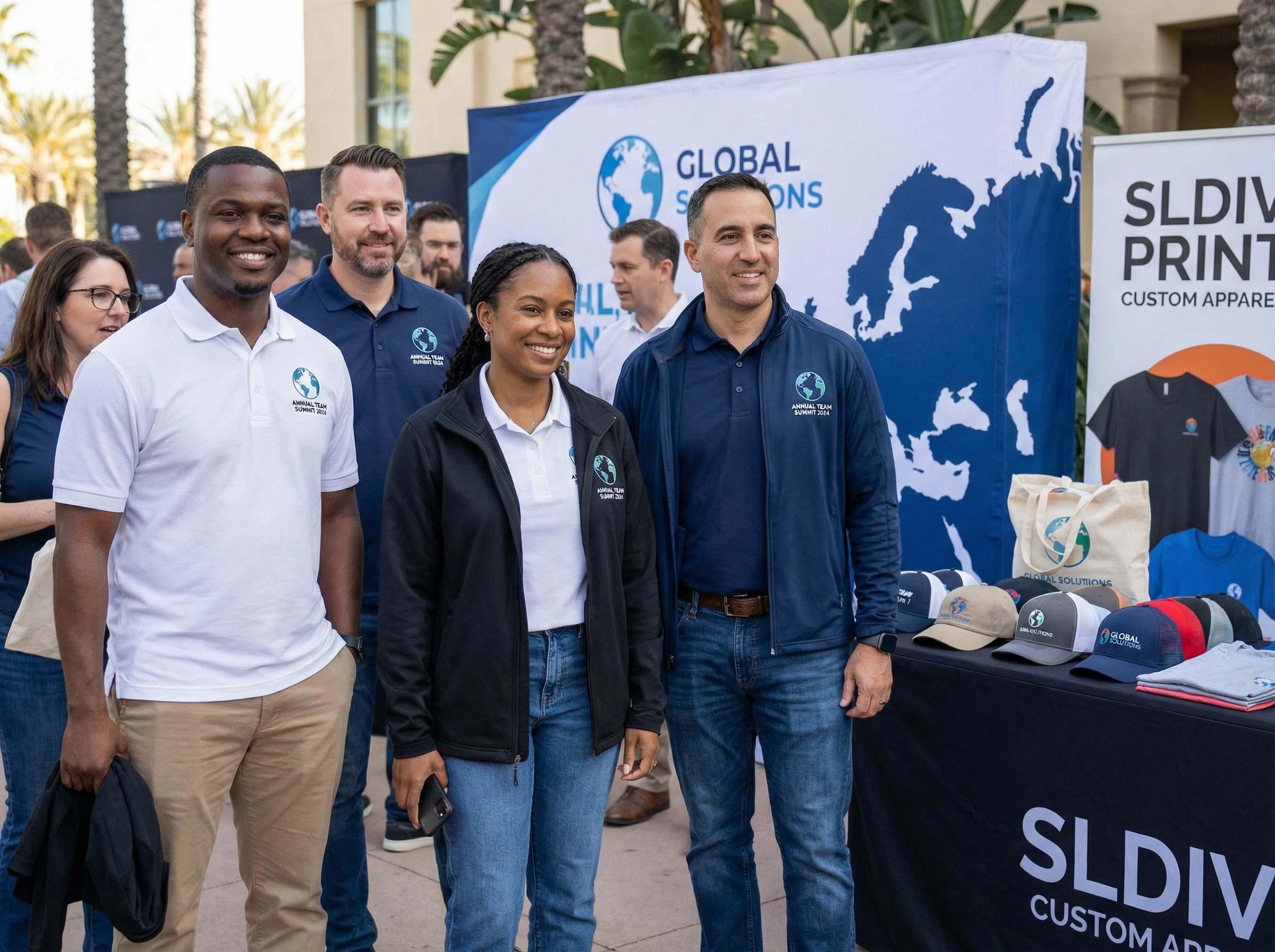 Custom branded apparel for corporate events team wearing Global Solutions polo shirts and jackets at 2026 Annual Team Summit with promotional caps tote bags and t shirts corporate trade show shirts custom apparel for corporate events branded polos for events