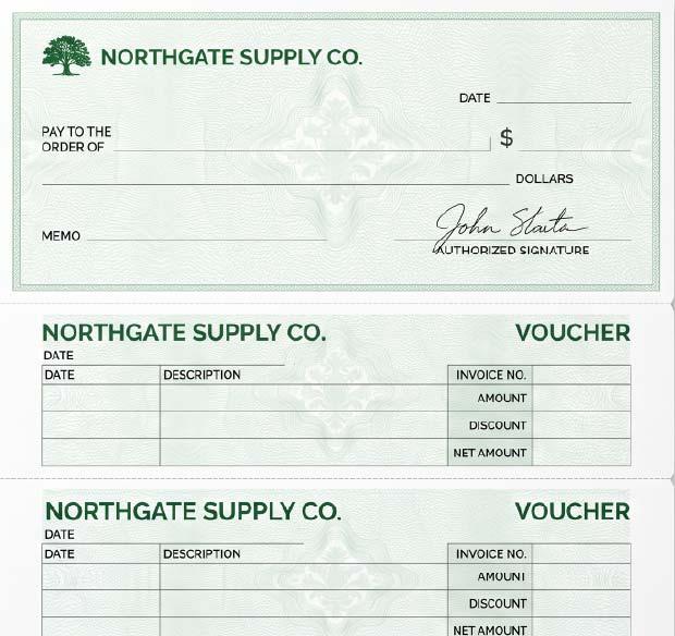 Custom check printing for businesses   full business voucher check with logo MICR line and security features in green and charcoal rush business checks custom laser checks custom AP checks business check printing services custom checks for businesses fast turnaround check printing personalized business checks secure check printing solutions custom MICR checks high security business checks