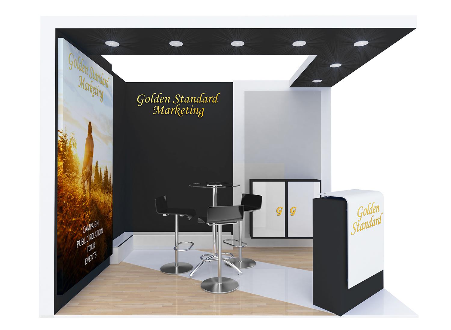 booth04 | SL Diversified Printing Exhibition booth for Golden Standard Marketing with black and white walls a round table and four bar stools and a sunset poster on the left wall