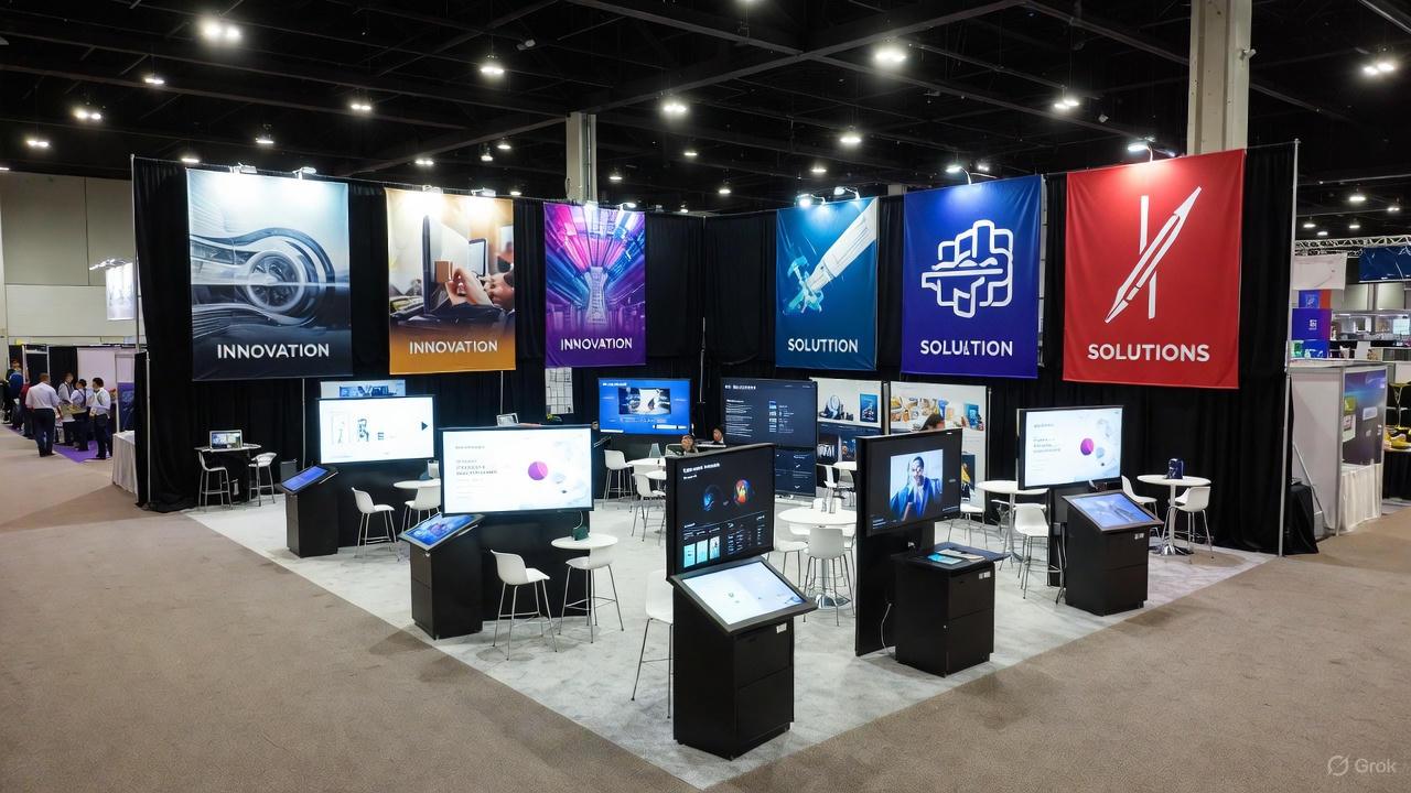 Innovative trade show exhibit with bold hanging banners, interactive touchscreens, and open flow layout in a bustling expo environment