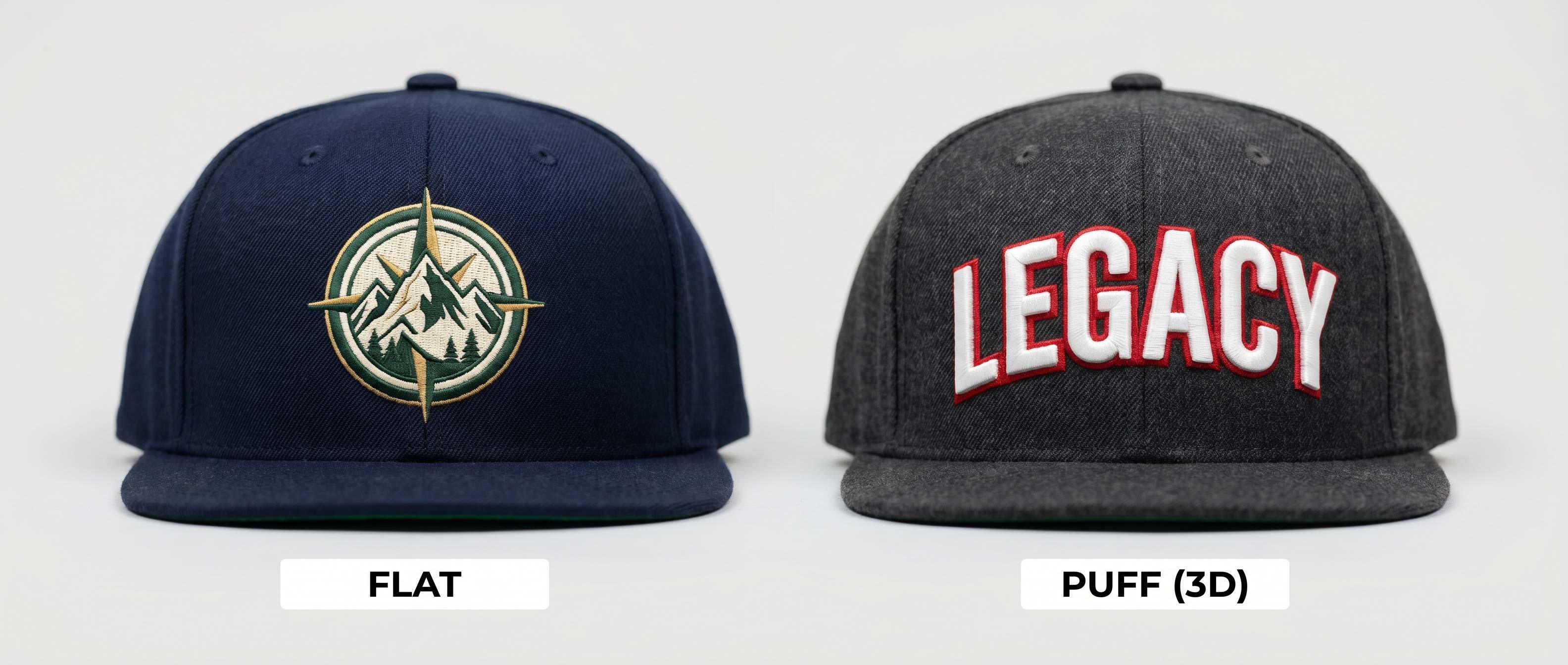 embroidered hats flat vs puff embroidery | SL Diversified Printing Custom embroidered hats showing flat embroidery and raised 3D puff embroidery side by side rush order embroidery custom embroidery rush order tees emergency embroidery orders rush embroidery service fast custom embroidery embroidered hats last minute embroidery nationwide rush embroidery quick turnaround embroidery embroidered apparel