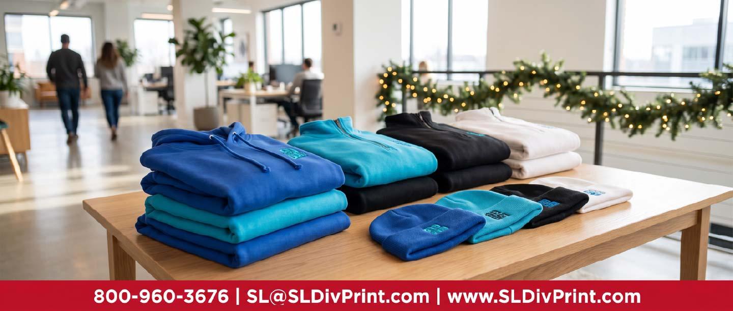 Employee Appreciation Custom Apparel Holiday Gifts | SL Diversified Printing Stacks of folded blue teal black and white hoodies and quarter zips with knit beanies on an oak table in a bright office corporate holiday gifts employee appreciation client retention repeat business branded swag custom apparel promotional products rush printing order fulfillment logo merchandise remote teams