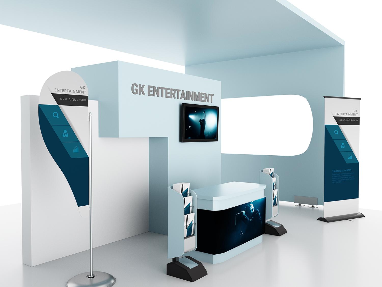 booth02 | SL Diversified Printing GK Entertainment exhibition booth with light blue walls a mounted screen showing a performer and brochure stands on each side