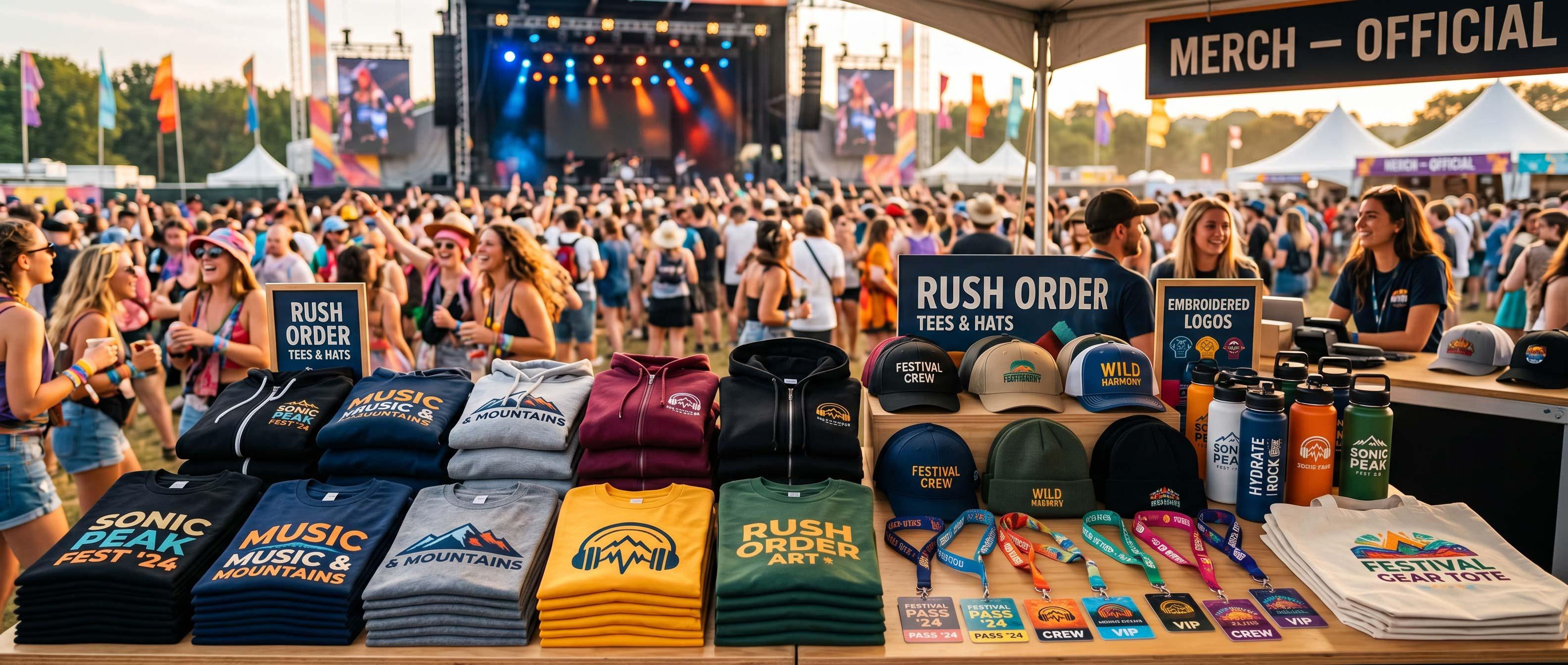 embroidered apparel rush order displayed at music festival booth rush order tees custom embroidery rush embroidery services fast custom embroidery emergency embroidery orders embroidered apparel rush last minute embroidery bulk embroidery rush promotional custom embroidery quick turnaround custom embroidery company swag ideas 2026 unique custom swag promotional swag ideas event custom swag branded merchandise 2026 custom apparel swag trade show swag ideas eco friendly promotional products rush order swag 2026 swag trends