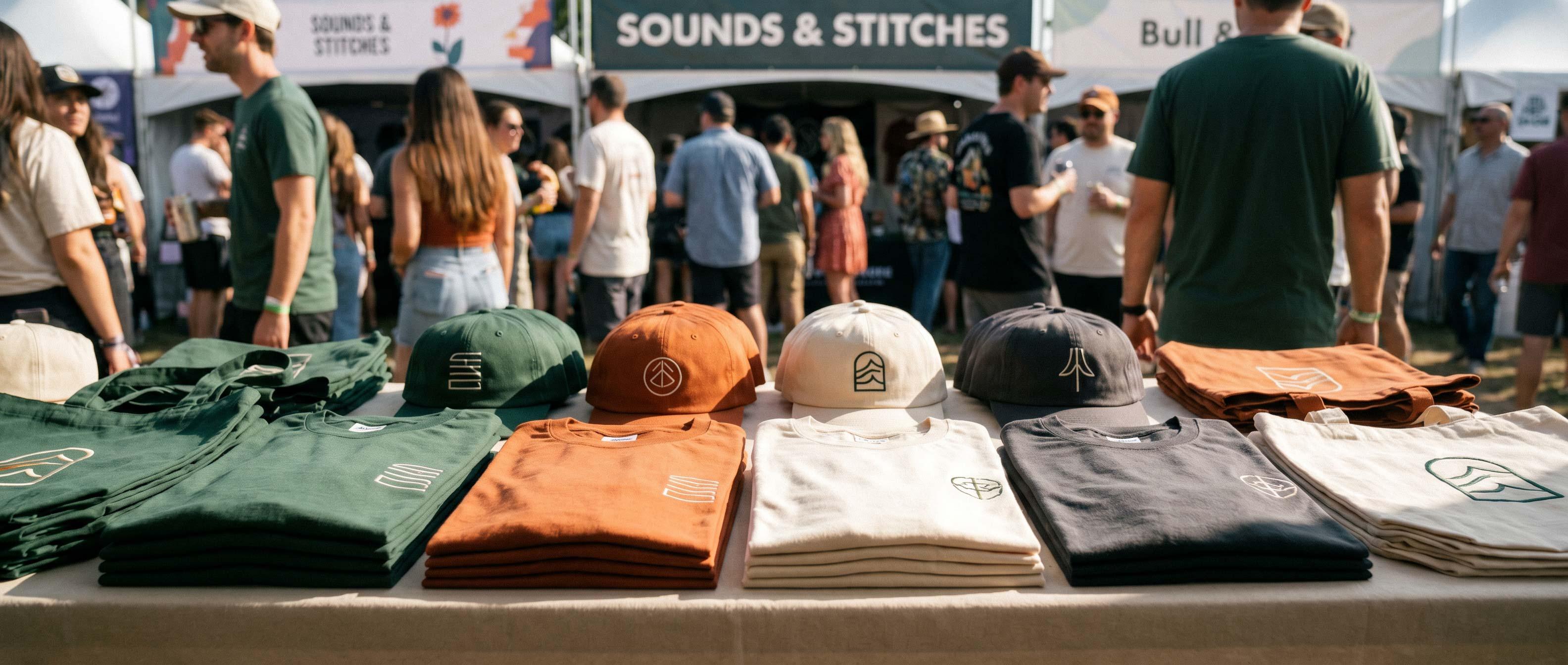 Event Embroidery Swag Display At Music Festival | Rush Order Embroidery | SL Diversified Printing Embroidered apparel rush order displayed at a music festival booth rush order embroidery custom embroidery rush order tees emergency embroidery orders rush embroidery service fast custom embroidery embroidered hats last minute embroidery nationwide rush embroidery quick turnaround embroidery embroidered apparel