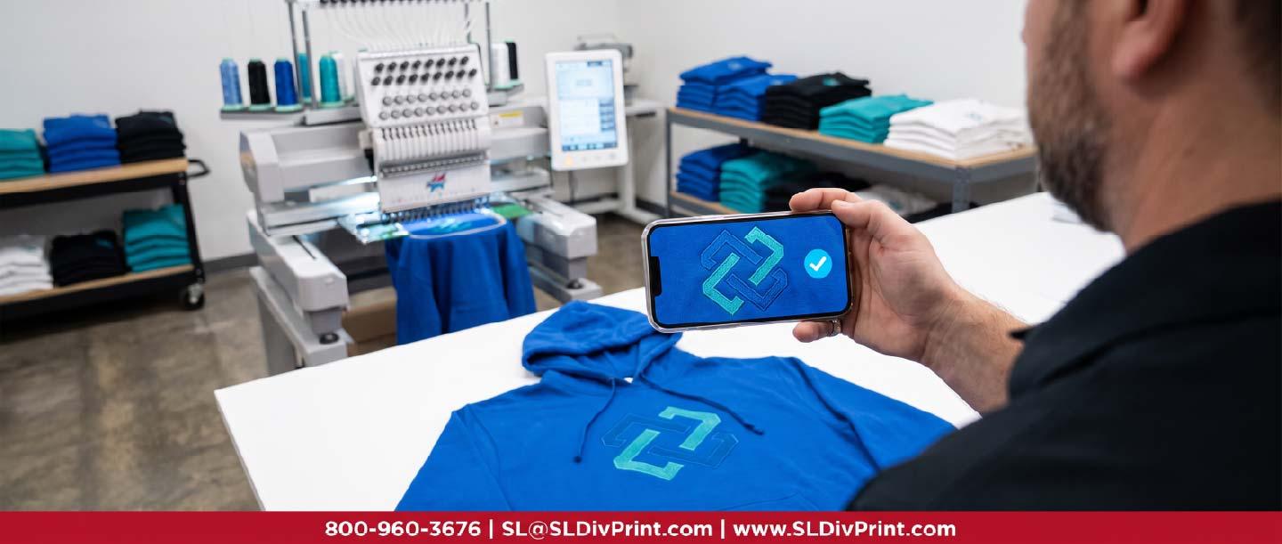 FirstPrint Photo Approval for Embroidered Holiday Apparel | SL Diversified Printing Hand holding a phone with a close up photo of an embroidered logo above a royal blue hoodie on a print shop worktable corporate holiday gifts employee appreciation client retention repeat business branded swag custom apparel promotional products rush printing order fulfillment logo merchandise remote teams
