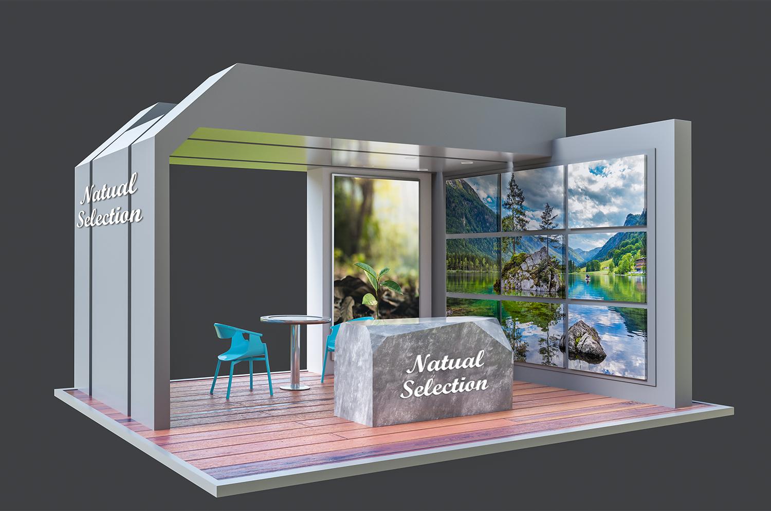 booth03 | SL Diversified Printing Exhibition booth labeled Natural Selection with a stone reception counter and large nature photo wall panels