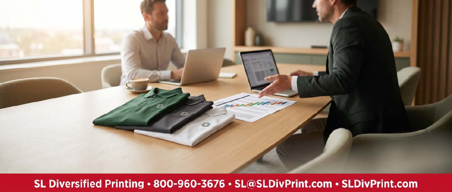 Two professionals reviewing folded branded polos and a printed transition timeline on a conference table