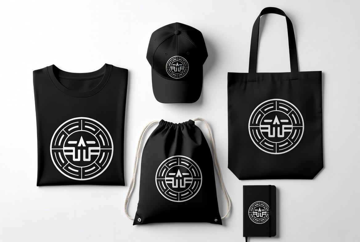 Custom black tshirt cap tote bag drawstring bag and notebook featuring intricate circular maze logo in white ink | SL Diversified Printing image 3