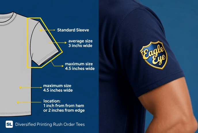 Standard sleeve print specifications for custom rush order tshirts with example logo placement | SL Diversified Printing image 3