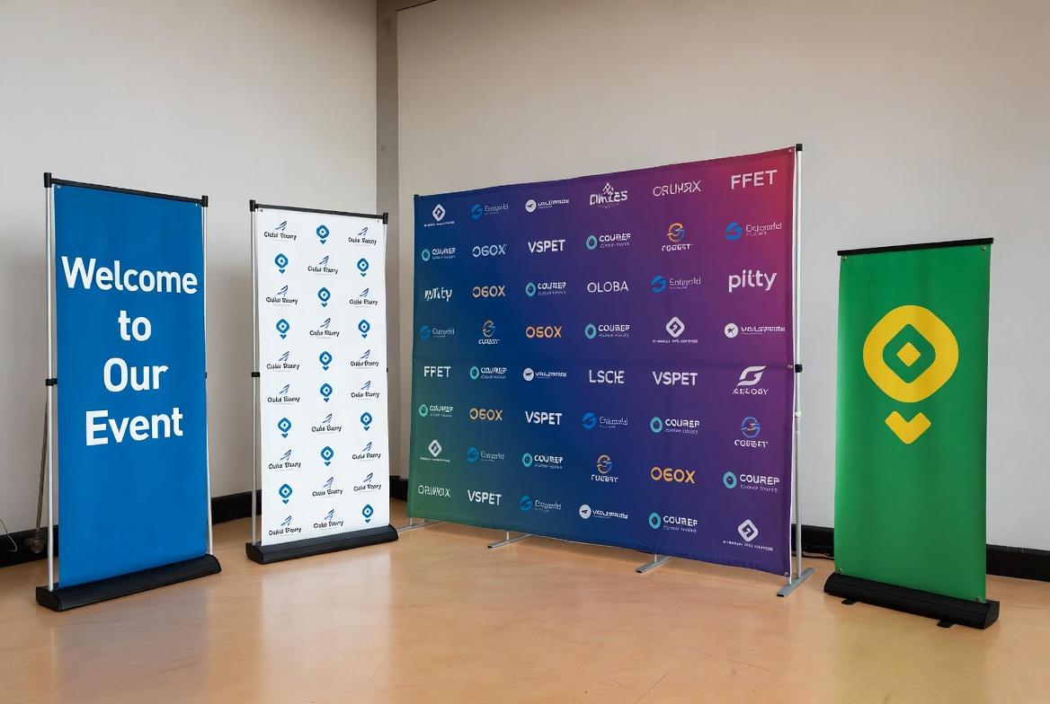 Custom Event Banners for Trade Shows | SL Diversified Printing A photograph of four retractable banner designs in an indoor exhibition space showcasing pop up and step and repeat styles