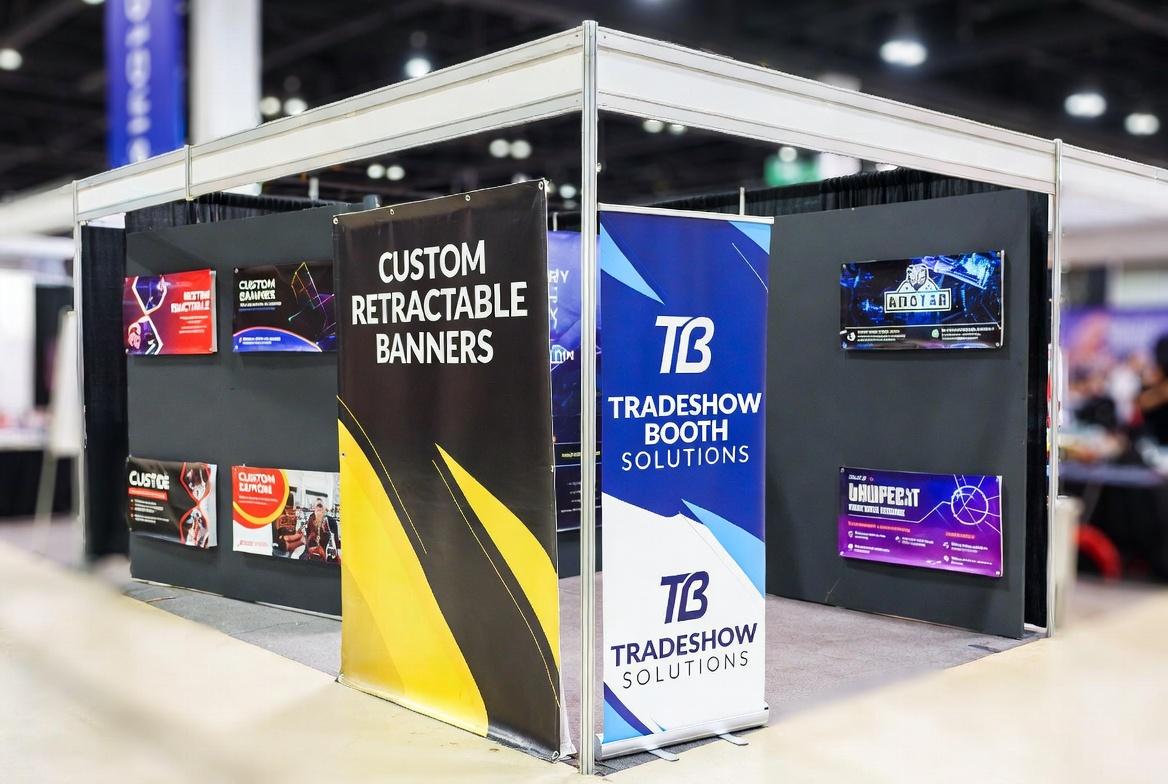 Custom Trade Show Booth Retractable Banners | SL Diversified Printing A photograph of a tradeshow booth with custom retractable banners in an indoor exhibition hall