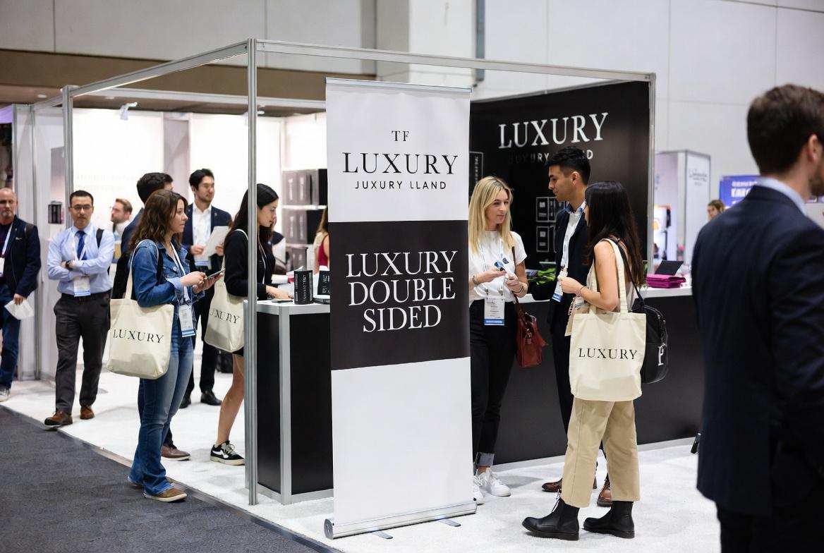 Luxury DoubleSided Retractable Banners | SL Diversified Printing A photograph of a tradeshow booth with a luxury banner stand and active attendees in a professional setting