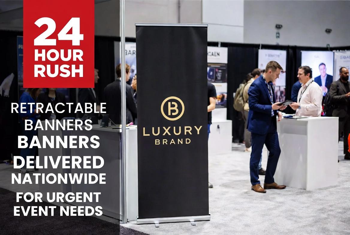 24Hour Rush Retractable Banner Delivery | SL Diversified Printing A photograph of a tradeshow booth with a luxury banner stand and active attendees in a professional setting 24 hour rush retractable banners delivered nationwide for urgent event