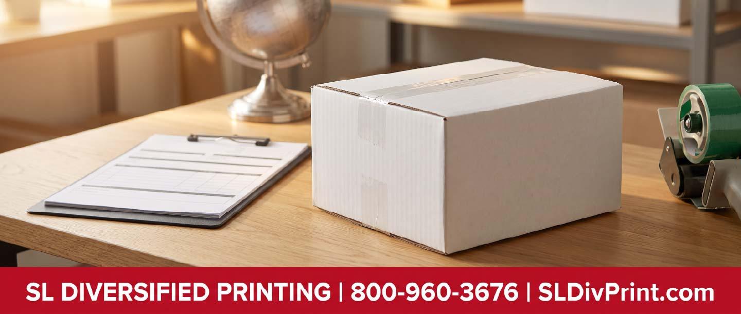 Sealed shipping carton on a packing bench beside a clipboard of documents and a globe in soft focus employee swag fulfillment remote team merch branded merchandise fulfillment merch warehousing company store kitting Arizona distribution hub onboarding kit shipping international merch delivery promotional product storage