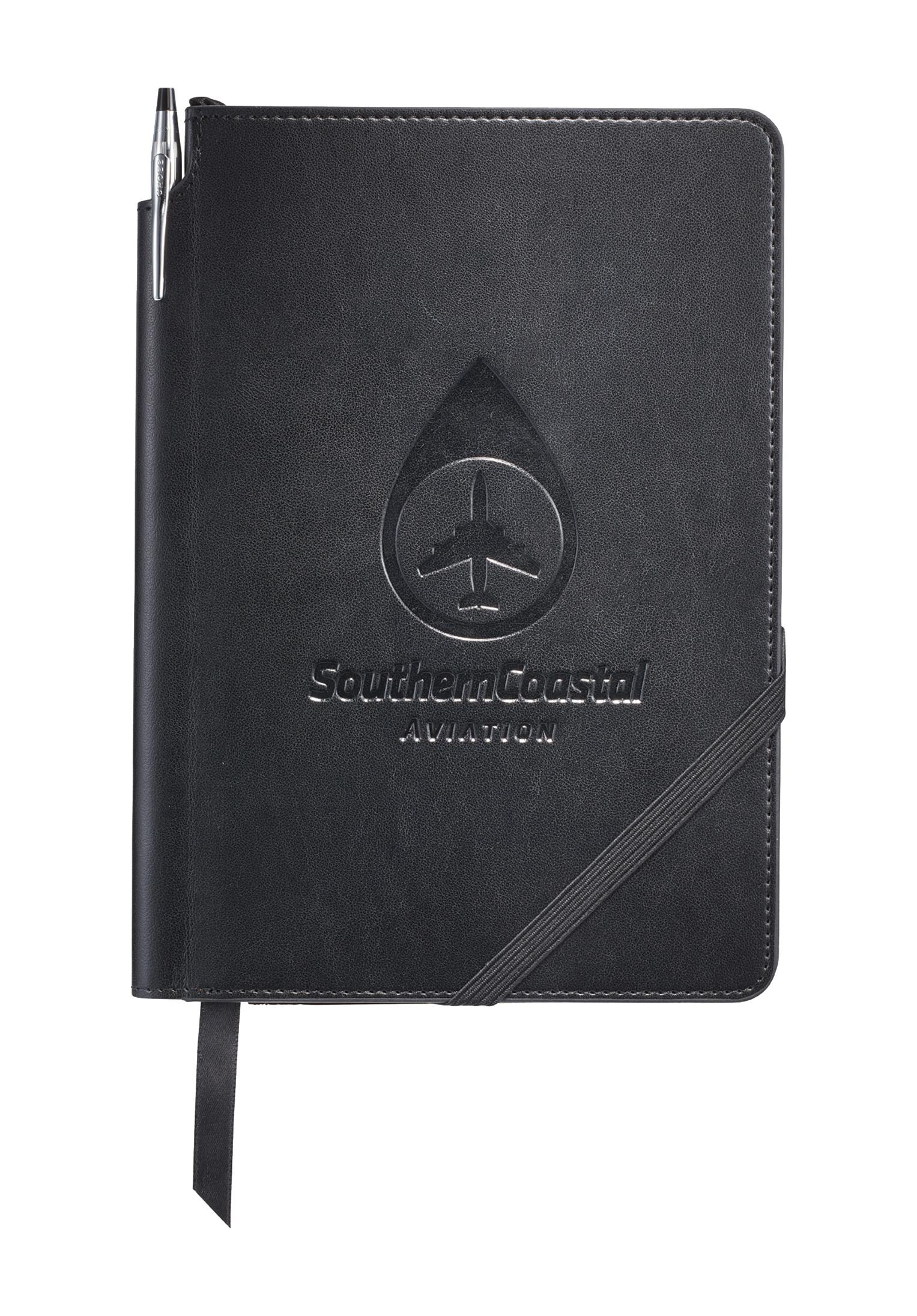 Black leather notebook with embossed Southern Coastal Aviation logo and a pen in the side pocket