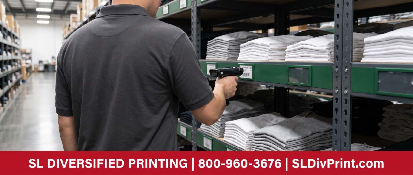 Warehouse worker seen from behind scanning a barcode label on a shelf of folded apparel with a handheld scanner employee swag fulfillment remote team merch branded merchandise fulfillment merch warehousing company store kitting Arizona distribution hub onboarding kit shipping international merch delivery promotional product storage