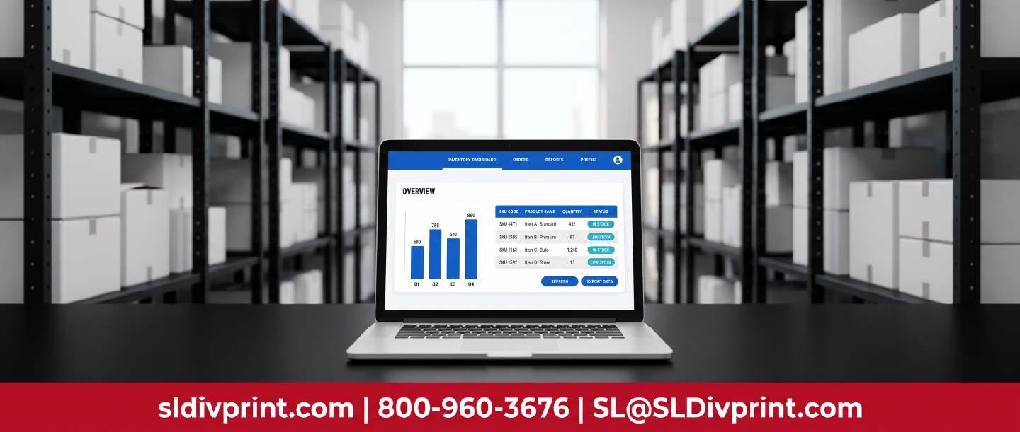 Laptop on a warehouse desk displaying an inventory dashboard with stock counts and charts beside storage racks swag warehousing branded merchandise fulfillment trade show item storage marketing products warehousing centralized swag hub arizona merchandise warehouse on demand swag fulfillment tech company swag storage quality swag warehousing