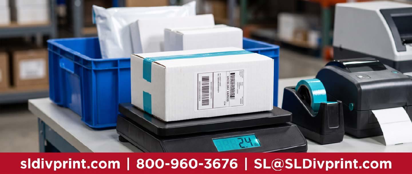 Sealed single shipping box with blank label on a pack station scale beside a carrier bin swag warehousing branded merchandise fulfillment trade show item storage marketing products warehousing centralized swag hub arizona merchandise warehouse on demand swag fulfillment tech company swag storage quality swag warehousing merchandise warehousing and fulfillment