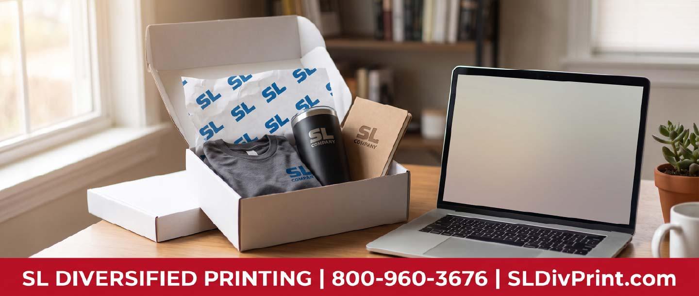 Freshly opened welcome box on a home desk with folded apparel a tumbler and a notebook beside an open laptop employee swag fulfillment remote team merch branded merchandise fulfillment merch warehousing company store kitting Arizona distribution hub onboarding kit shipping international merch delivery promotional product storage