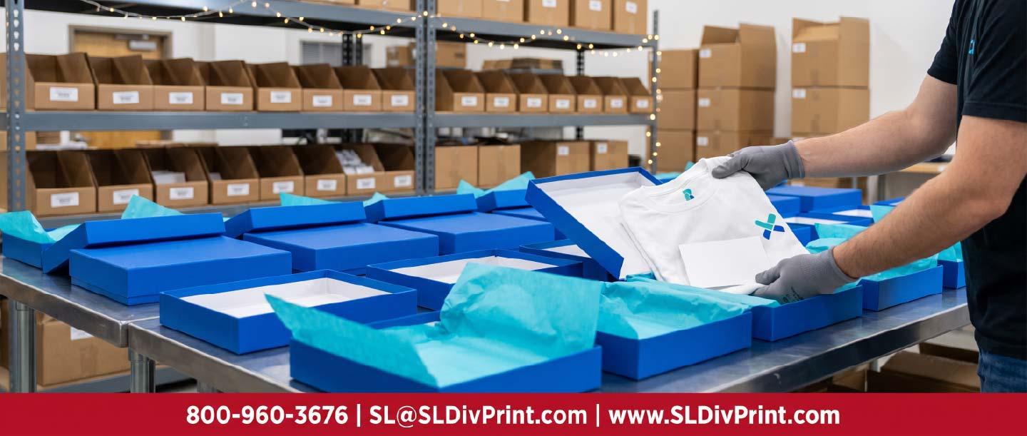 Order Fulfillment Holiday Gift Kitting for Remote Teams | SL Diversified Printing Gloved hands packing a folded T shirt and note card into rows of blue gift boxes on a steel fulfillment table corporate holiday gifts employee appreciation client retention repeat business branded swag custom apparel promotional products rush printing order fulfillment logo merchandise remote teams
