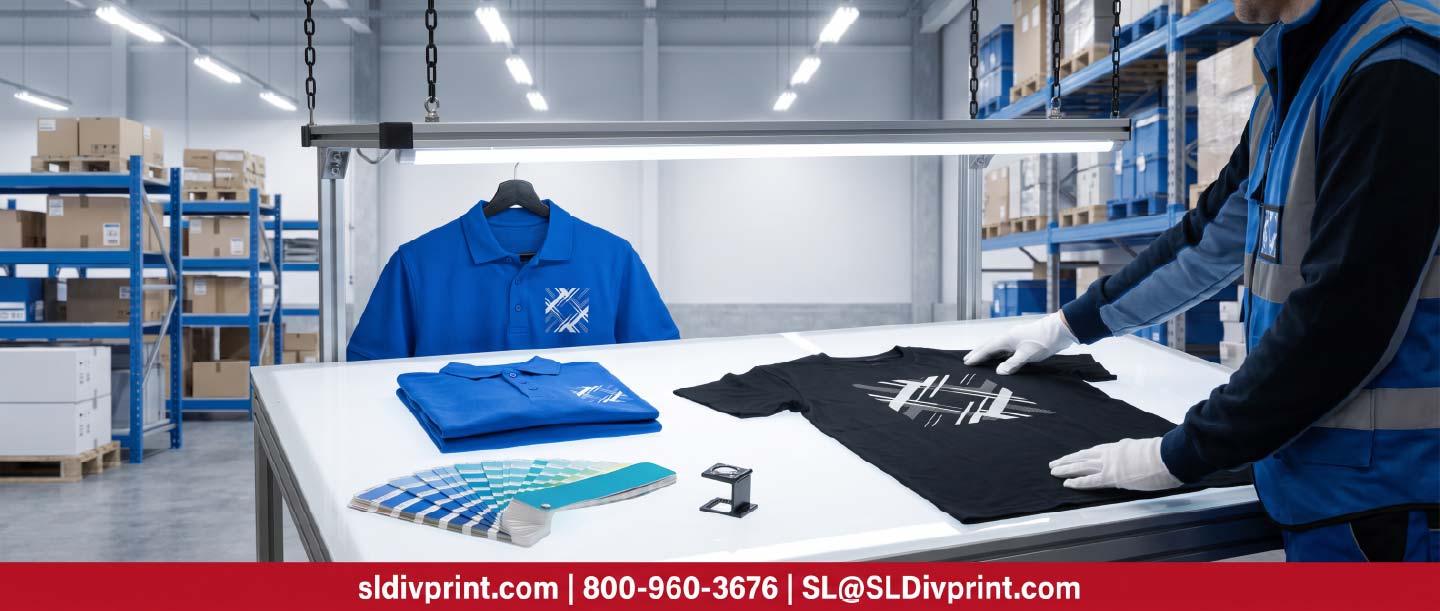 Folded apparel on a lit inspection table beside a hanging approved sample garment swag warehousing branded merchandise fulfillment trade show item storage marketing products warehousing centralized swag hub arizona merchandise warehouse on demand swag fulfillment tech company swag storage quality swag warehousing