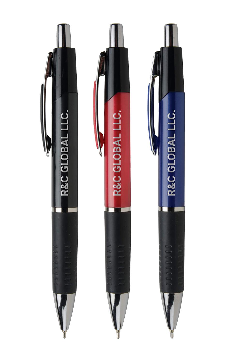 Three retractable ballpoint pens in black red and blue with clips branded RG GLOBAL LLC